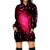 Ladies Heart Print Pullover Pocket Hooded Long Sleeve Loose Dress Bodycon Dress Office Wear for Casual Club Cocktail Evening Gowns Work UK Size 8-26 | Women's Work Dresses