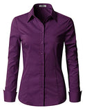 Deep Purple Womens Slim-Fit Long Sleeve Stretchy Button Down Collar Office Formal Casual Shirt Blouse - EZEN | Women's Tops and Blouses