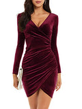 GUBERRY Womens Wrap V Neck Long Sleeve Velvet Bodycon Ruched Cocktail Party Dress | Women's Casual Dresses