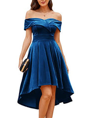 Royal Blue Velvet Women's Off Shoulder High Low A Line Wedding Guest Party Cocktail Dress - JASAMBAC