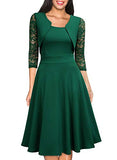 MIUSOL Women's Square Neck Contrast Lace Swing Party Dress Dark Green S