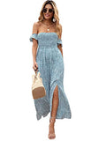 Blue And White Women's Boho Floral Print Off Shoulder Split Long A Line Dress - Floerns | Women's Formal Dresses