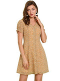 Women's V Neck Short Sleeve Button Up Chiffon Floral Flowy Dress | Original Brand