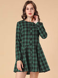 Women's Plaids Long Sleeves Button Down Belted Party Mini A-Line Shirt Dress