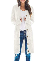 MEROKEETY Womens Long Sleeve Cable Knit Long Cardigan Open Front Button Sweater Outerwear