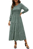 Women Long Sleeve Smocked Bodice and Cuffs Boho Tiered Floral Midi Dress