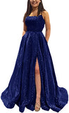 Glitter Satin Spaghetti Strap Prom Dress Split Long Formal Evening Party Gown with Pocket | Original Brand