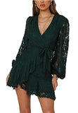 Women's Floral Flower Lace Faux Wrap Mini Dresses V Neck Long Lantern Sleeve Short Dress With Waist Ties | Women's Evening Gowns