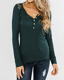 BTFBM Women Long Sleeve V Neck Button Up Solid Tops Blouses Trendy Slim Fit Lace Sleeves Ribbed Knit Casual Shirts Tunic (Hollow Out Dark Green, Small) | Women's Casual Dresses