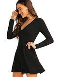 Verdusa Women's Elegant Deep V Neck Long Sleeve Ribbed Short Skater Dress | Women's Casual Dresses