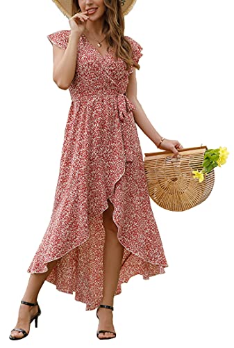 Floret Red  Women's Summer Floral Print Cross V Neck Dress Bohemian Flowy Long Maxi Dresses - GRECERELLE