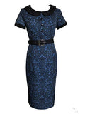 Blue Vintage Retro Rockabilly Flock Fitted Pinup Hourglass Pencil Dress | Women's Work Dresses