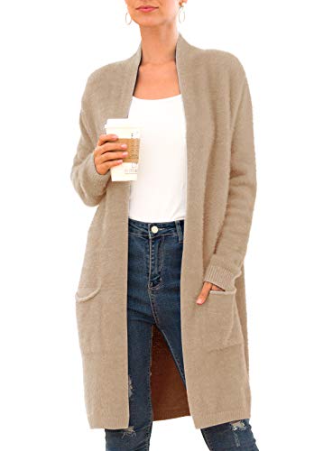 QIXING Women's Casual Open Front Knit Cardigans Long Sleeve Plush Sweater Coat with Pockets