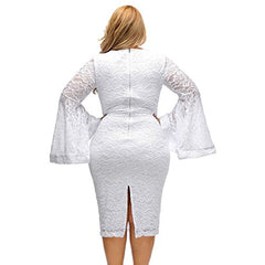 Sexy All White Plus Size Dress For Women Bell Sleeves Lace Dress Party Dress