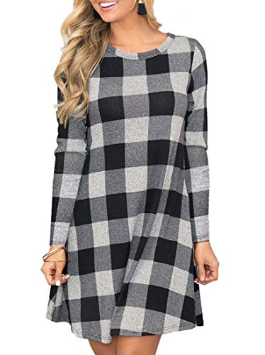 MIROL Women's Long Sleeve Plaid Color Block Casual Swing Loose Fit Tunic Dress