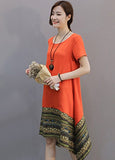 Women's Summer Cotton Linen Short Sleeve Tee Shirt Dress Irregular Hem Tunic