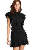Black Women's Tie Neck Short Sleeve Ruffle Hem Cocktail Party Dress - Floerns | Women's Cocktail Dresses