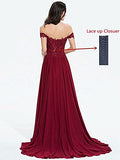 Women's Bridesmaid Dress Off Shloulder Applique Lace Prom Dress Long Dress V-Neck Split Chiffon Formal Evening Dress