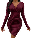 Women's Bodycon Ruched Pencil Dresses Long Sleeve Casual Elegant Party Dress Floral Printed Women's Club Dress