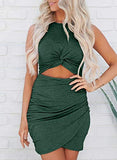 Women Sleeveless Casual Summer Crewneck Bodycon Dresses Hollow Out Slim Twist Wrap Short Tank Shirts Mini Dress