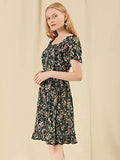 Women's Ruffle Floral Print Sweetheart Neckline Tie Chiffon Fit and Flare Short Sleeve Dress Puff Sleeve