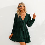 Women Tie Front Elastic Waist Tiered Ruffle Layer Floral Balloon Long Sleeve V-Neck A-Line Mini Dress