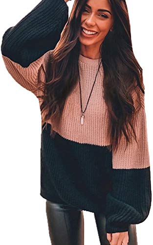 Women Sweaters-Oversized Chunky Knit Color Block Drop Shoulder Batwing Sleeve Pullover Sweater Tops