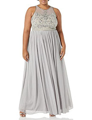 Adrianna Papell Women's Beaded Halter Illusion Bodice Long Chiffon Dress | Women's Evening Gowns