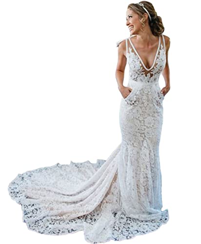 Wedding Dresses Lace Bridal Dresses Beach Garden Ivory Bridal Gowns With Pocket