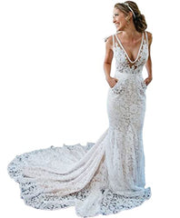 Wedding Dresses Lace Bridal Dresses Beach Garden Ivory Bridal Gowns With Pocket