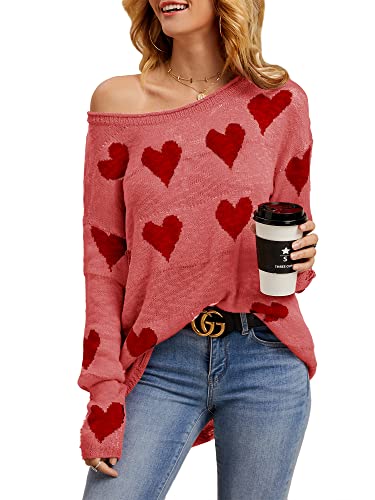 Women Off Shoulder Knitted Pullovers Sweater Loose Long Sleeve Hearts Printed Ripped Tops