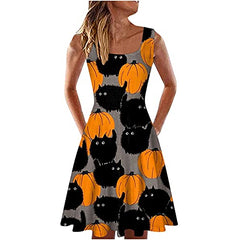 Summer Dresses for Women Cold Shoulder Strapy U Type Halloween Pumpkin Print Dress Fashion Casual Midi Dress