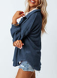 Dokotoo Womens Blouses 2022 Fall Fashion V Neck Long Sleeve Button Down Waffle Knit Tops for Women Casual Loose Solid Jacket Outwear Shacket with Pockets Blue X-Large | Women's Casual Dresses