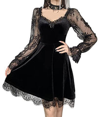 Womens V Neck Velvet Lace Ruffle Gothic Punk Party Spaghetti Strap Mini Dress