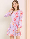 Women's Floral Print V Neck Ruffle Front A-line Belted Flowy Dress | Original Brand