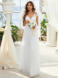 Lace Cap Sleeve V Neck A-line Wedding Dresses For Women 0217 | Women's Casual Dresses
