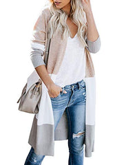 Womens Boho Open Front Cardigan Colorblock Long Sleeve Loose Knit Lightweight Sweaters