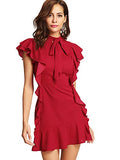 Red Women's Tie Neck Short Sleeve Ruffle Hem Cocktail Party Dress - Floerns | Women's Cocktail Dresses
