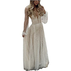 Womens Polka Dot Wedding Dresses Long Sleeve Lace Bridal Gowns Boho Sheer Mesh Evening Formal Gowns Cocktail Party Maxi Dress