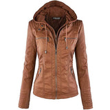 Faux Leather for Women Hooded Moto Biker Full Zip Pleated Overcoat Casual Coat Warm Tops