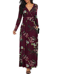 LILBETTER Women Long Sleeve Deep V Neck Loose Plain Long Maxi Casual Dress - red - Small | Women's Casual Dresses