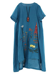 Minibee Women's Embroidered Linen Dress Summer A-Line Sundress Hi Low Tunic  Clothing