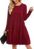Women's Casual Long Sleeve Dresses Wedding Guest Loose Fit Solid Cotton Ruffle Babydoll Dress | Women's Casual Dresses