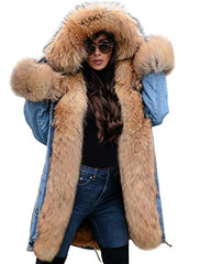 Aox Womens Winter Denim Coat Thicken Lined Faux Fur Hood Jacket Warm Sherpa Fur Overcoat Plus Size Jean Outerwear