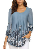 Blue White Women's Casual 3/4 Sleeve Tunic Tops Floral Double Layers Blouses Loose Fit Pleated Mesh Shirts - Timeson | Women's Tops and Blouses