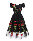 Women's Vintage Style Rose Embroidered 1950s Rockabilly Evening Party Lace Swing Tea Dress A Line Dresses