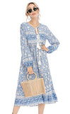 R.Vivimos Women's Casual Bohemian Print Neck Tie Long Sleeve Beach Style Long Midi Dress Vocation Dress