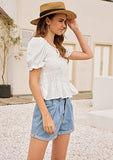 Women Square Neck Smocked Blouse Long Sleeve Shirred Ruffle Peplum Tops | Original Brand | Women's Tops and Blouses