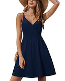 Navy V Neck Floral Spaghetti Strap Summer Dress Casual Swing Midi Sundress with Pocket - STYLEWORD | Women's Casual Dresses