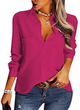 Rose Red Womens Casual Button Down Shirts V Neck Chiffon Long Sleeve Collared Office Work Blouses Tops with Pocket - AISEW | Women's Tops and Blouses